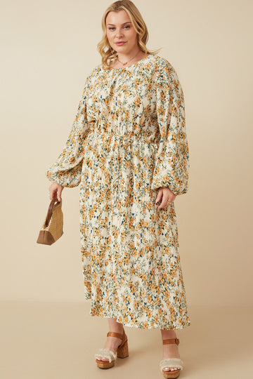 HY7458 Ivory Womens Botanical Print Puffed Long Sleeve Dress Full Body